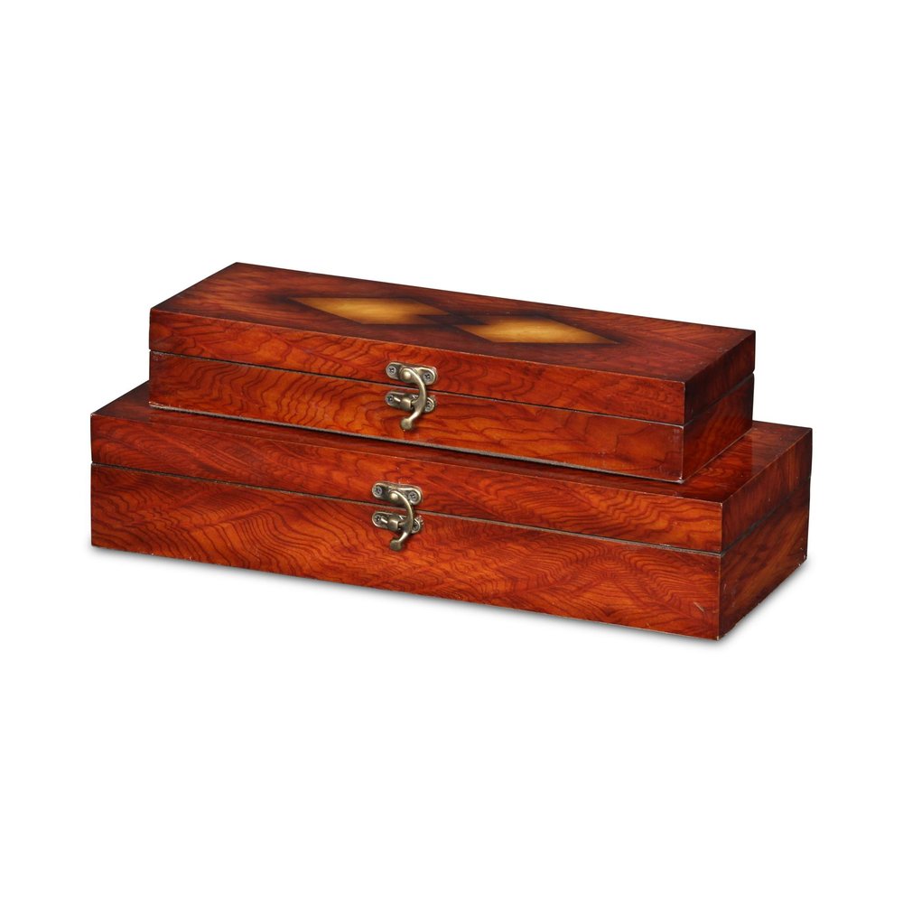 Set of Two Brown Nesting Wood Organizing Box With Lid - with Large Box Measuring 2