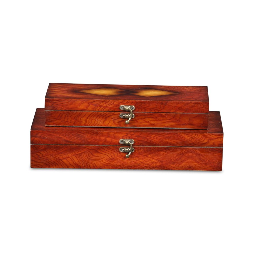 Set of Two Brown Nesting Wood Organizing Box With Lid - with Large Box Measuring 2
