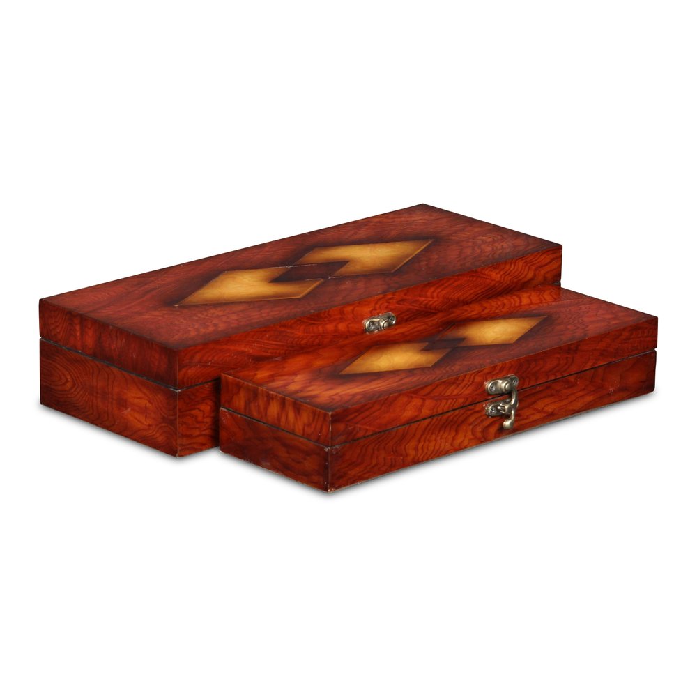 Set of Two Brown Nesting Wood Organizing Box With Lid - with Large Box Measuring 2