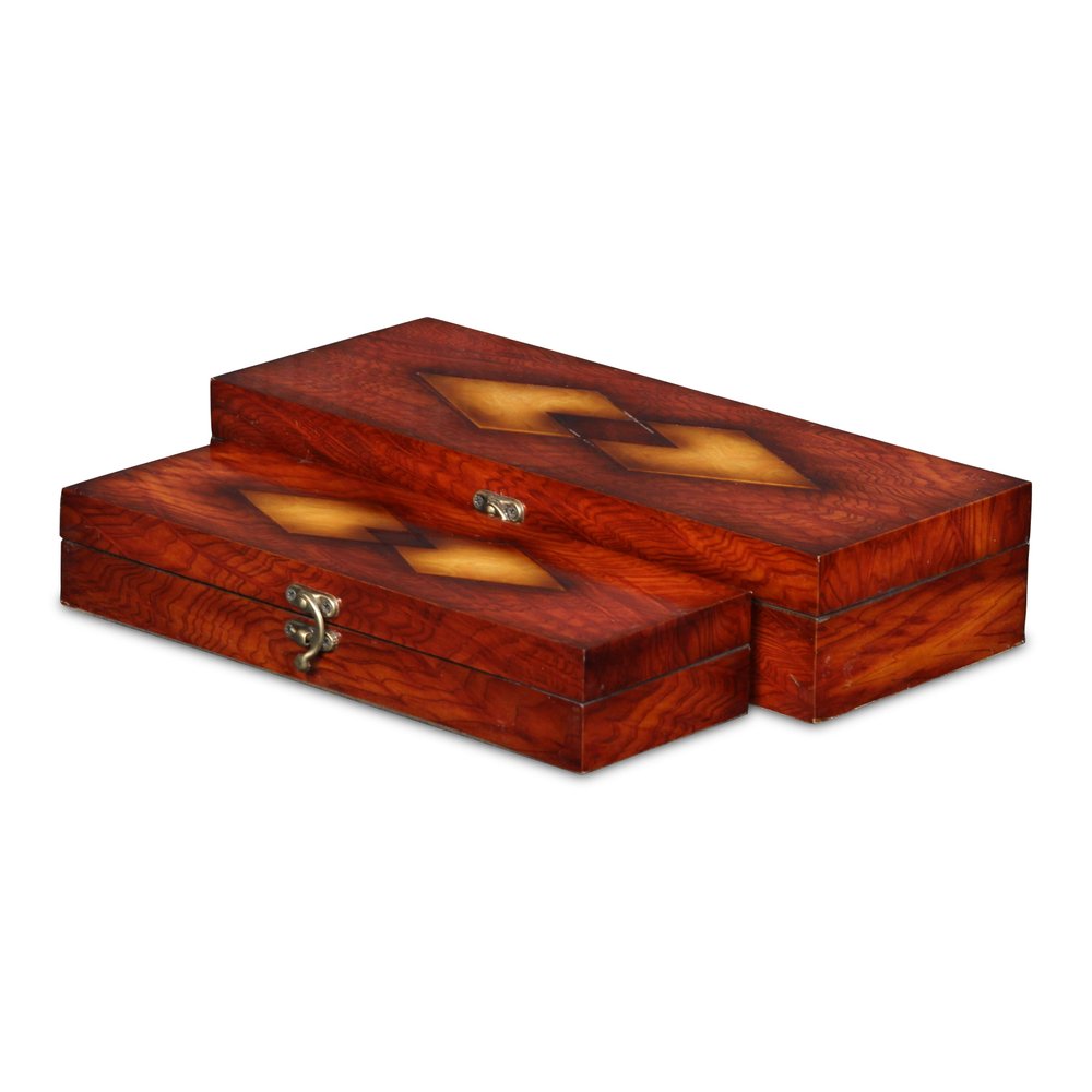 Set of Two Brown Nesting Wood Organizing Box With Lid - with Large Box Measuring 2