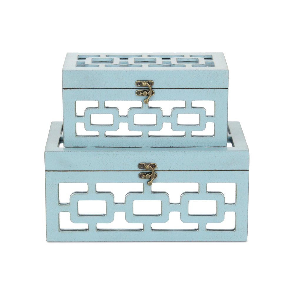 Set of Two Blue And White Nesting Wood And Mirrored Glass Organizing Box With Lid