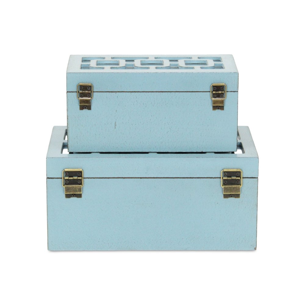 Set of Two Blue And White Nesting Wood And Mirrored Glass Organizing Box With Lid