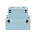 Set of Two Blue And White Nesting Wood And Mirrored Glass Organizing Box With Lid