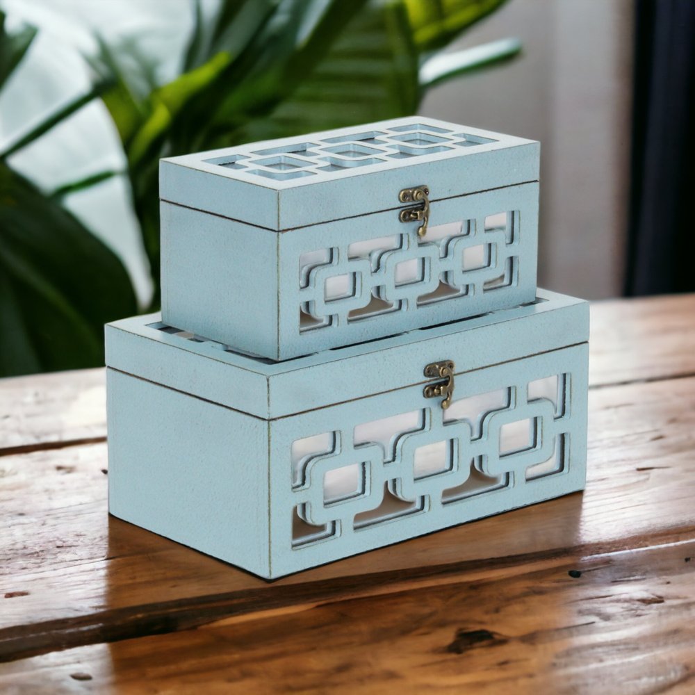 Set of Two Blue And White Nesting Wood And Mirrored Glass Organizing Box With Lid