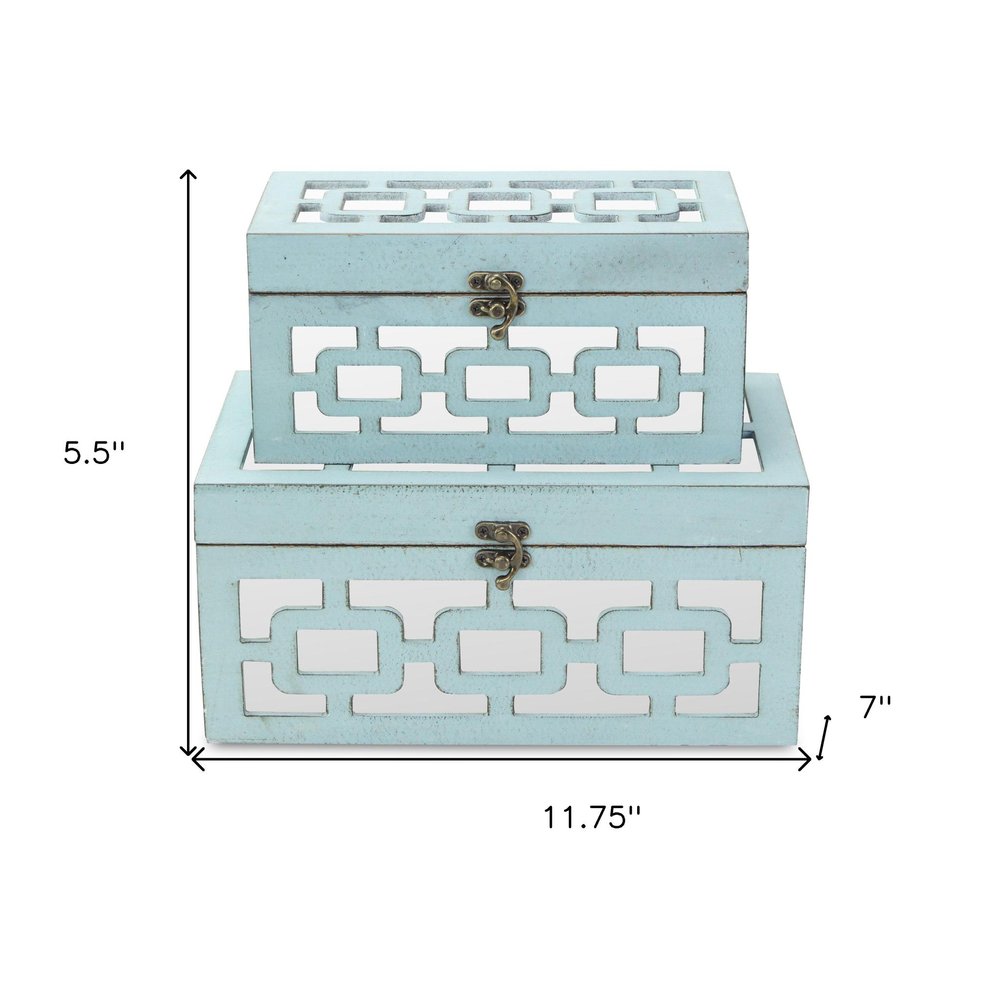 Set of Two Blue And White Nesting Wood And Mirrored Glass Organizing Box With Lid