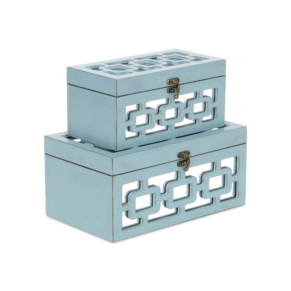 Set of Two Blue And White Nesting Wood And Mirrored Glass Organizing Box With Lid