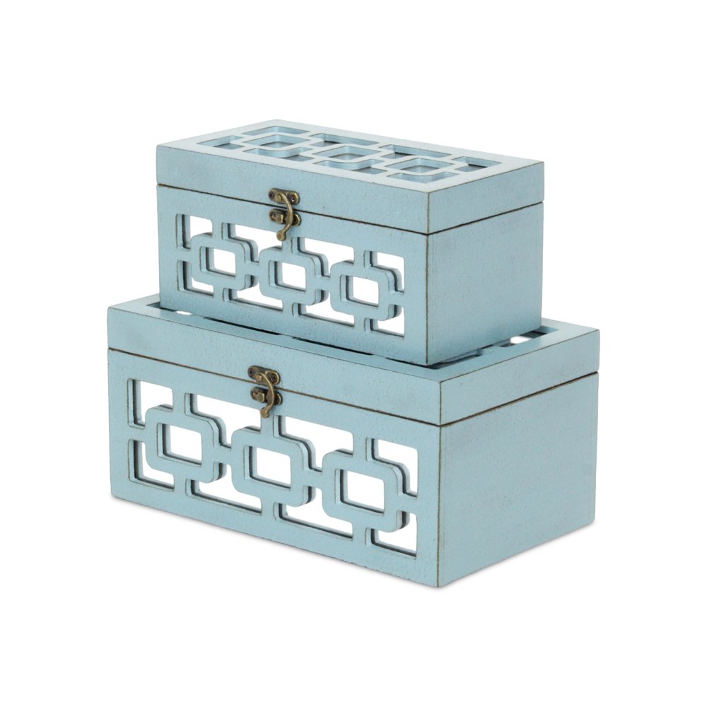 Set of Two Blue And White Nesting Wood And Mirrored Glass Organizing Box With Lid