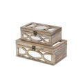 Set of Two Natural And White Nesting Solid Wood And Mirrored Glass Organizing Box With Lid