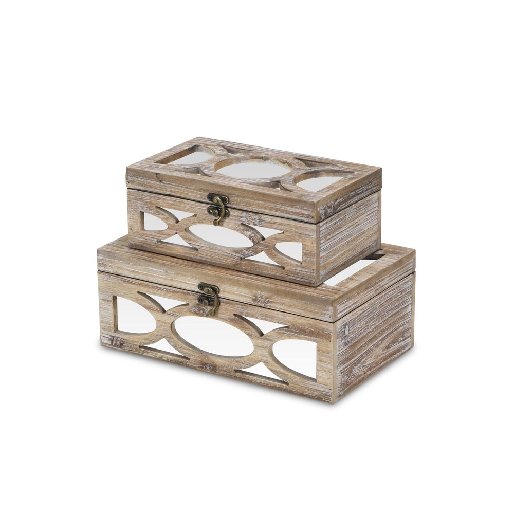 Set of Two Natural And White Nesting Solid Wood And Mirrored Glass Organizing Box With Lid