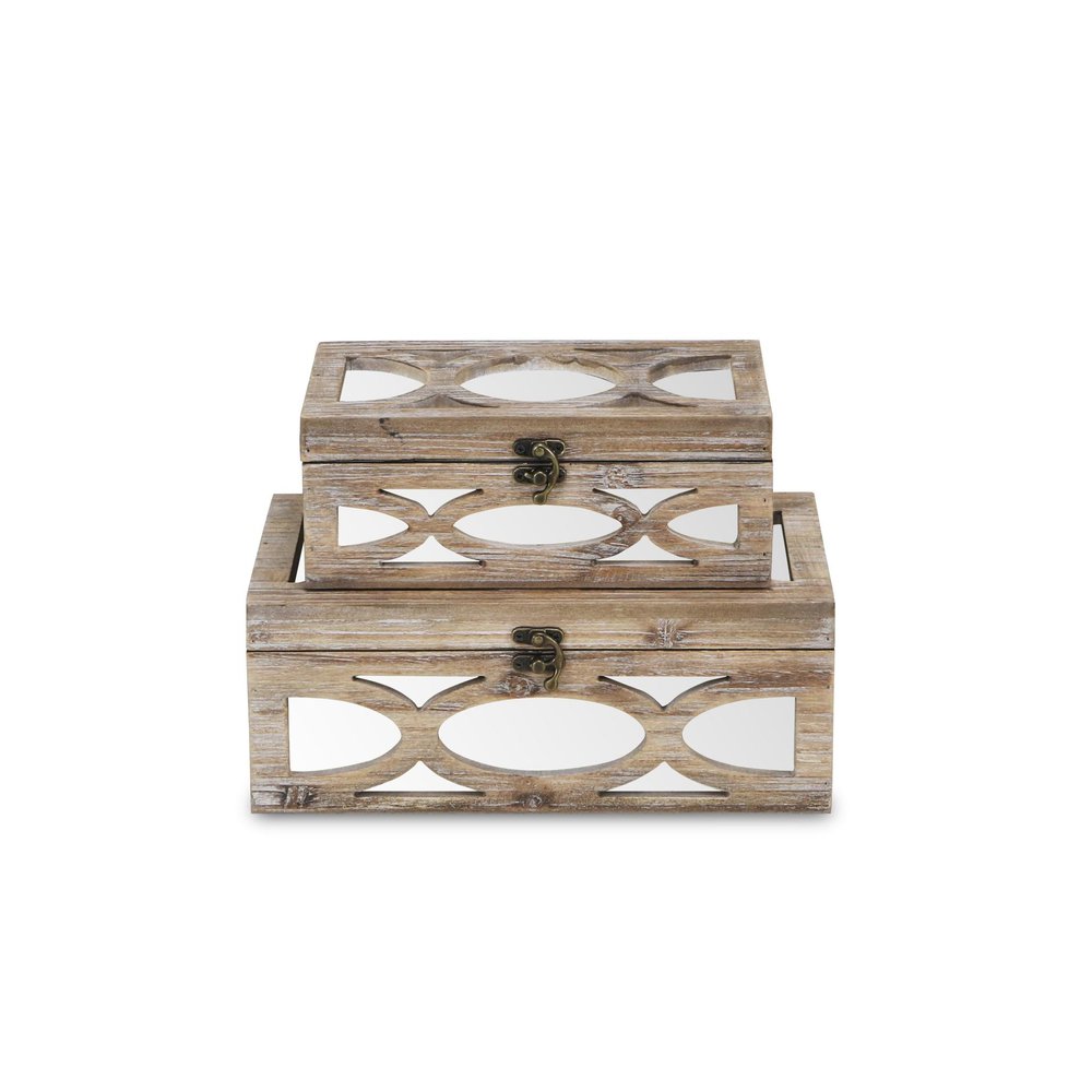 Set of Two Natural And White Nesting Solid Wood And Mirrored Glass Organizing Box With Lid
