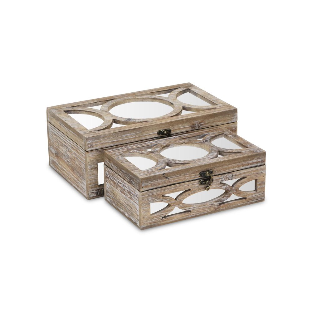 Set of Two Natural And White Nesting Solid Wood And Mirrored Glass Organizing Box With Lid