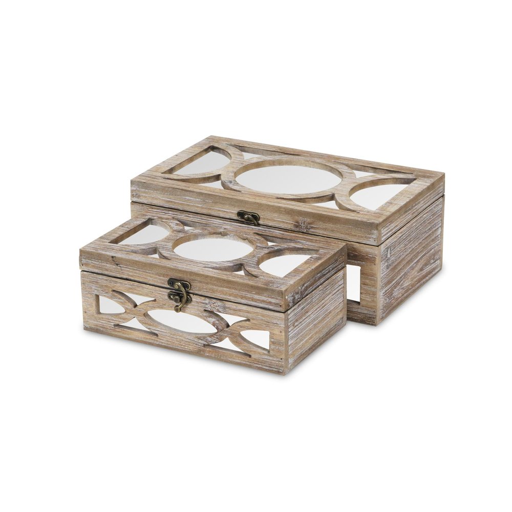 Set of Two Natural And White Nesting Solid Wood And Mirrored Glass Organizing Box With Lid