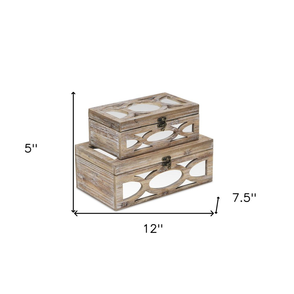 Set of Two Natural And White Nesting Solid Wood And Mirrored Glass Organizing Box With Lid