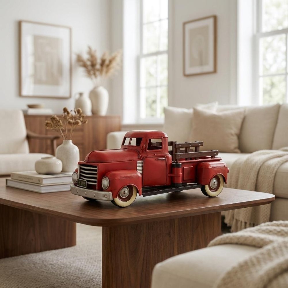 6" Red and Black Metal Hand Painted 1950's Red Truck Model Car