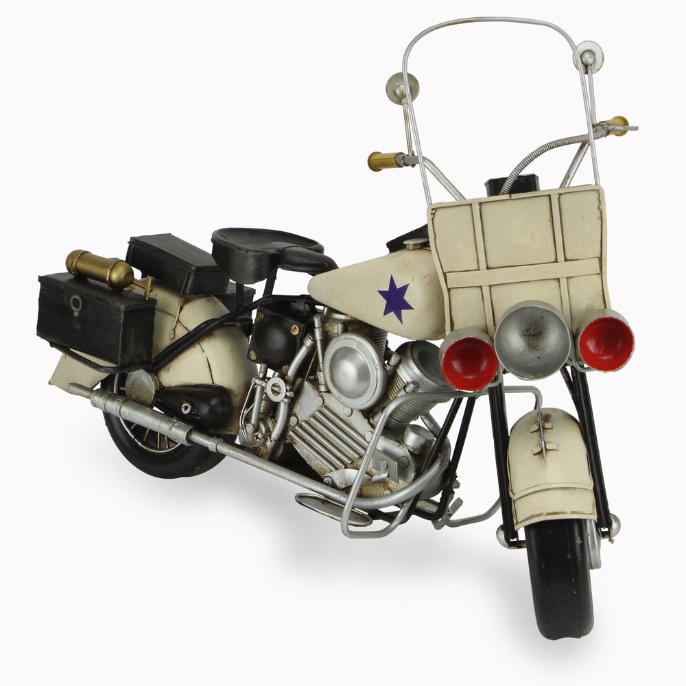 10" Cream Metal Hand Painted Motorcycle Model Motorcycle. Home product isolated on a plain white background, showing a metal surface.
