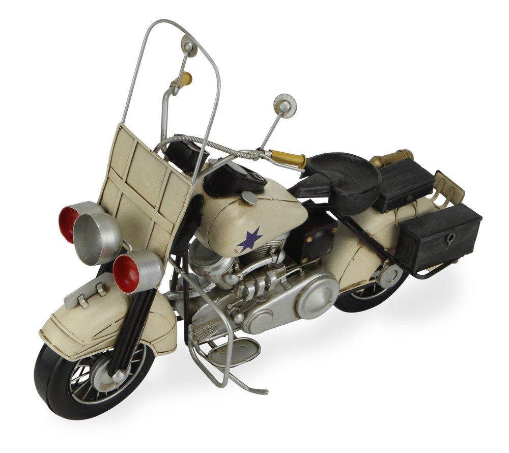 10" Cream Metal Hand Painted Motorcycle Model Motorcycle. Home product isolated on a plain white background, showing a metal surface.