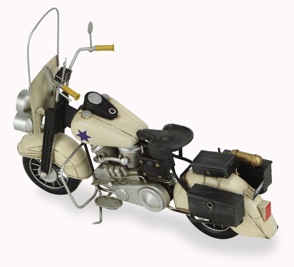 10" Cream Metal Hand Painted Motorcycle Model Motorcycle. Home product isolated on a plain white background, in a cream metal finish.