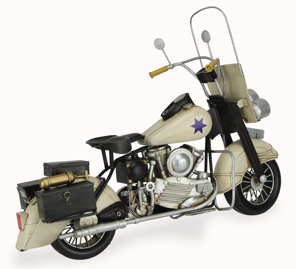 10" Cream Metal Hand Painted Motorcycle Model Motorcycle. Home product isolated on a plain white background, showing a metal surface.