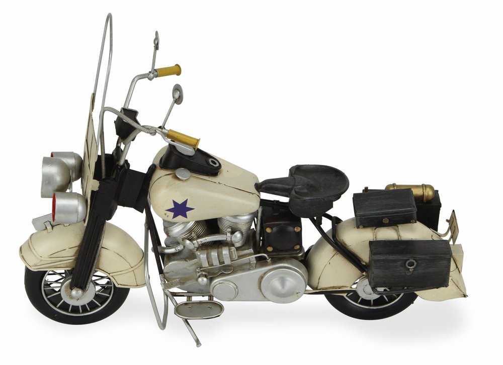 10" Cream Metal Hand Painted Motorcycle Model Motorcycle. Home product isolated on a plain white background, showing a metal surface.