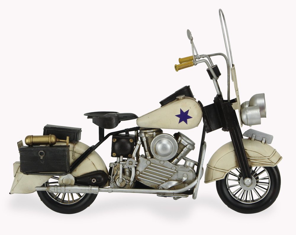 10" Cream Metal Hand Painted Motorcycle Model Motorcycle. Home product isolated on a plain white background, showing a cream metal surface.