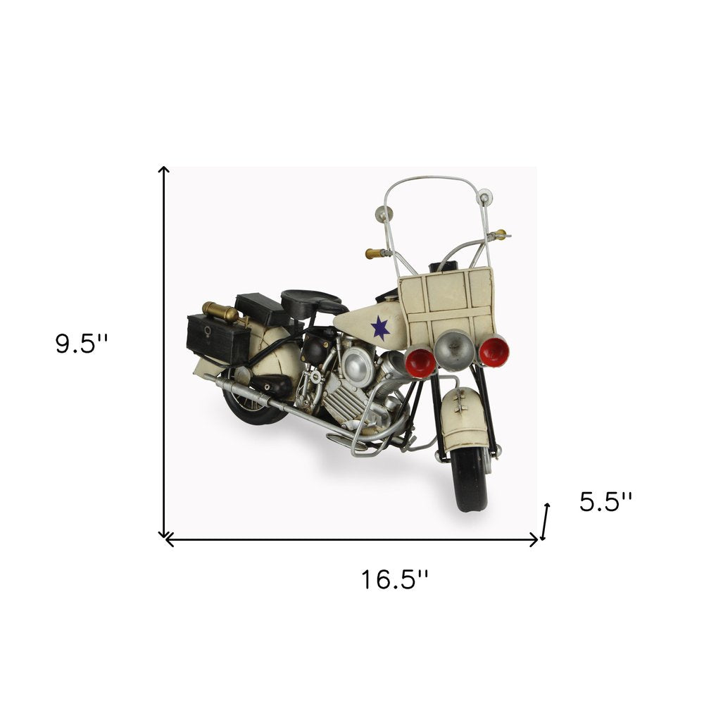 10" Cream Metal Hand Painted Motorcycle Model Motorcycle. Home product isolated on a plain white background, in a cream metal finish.