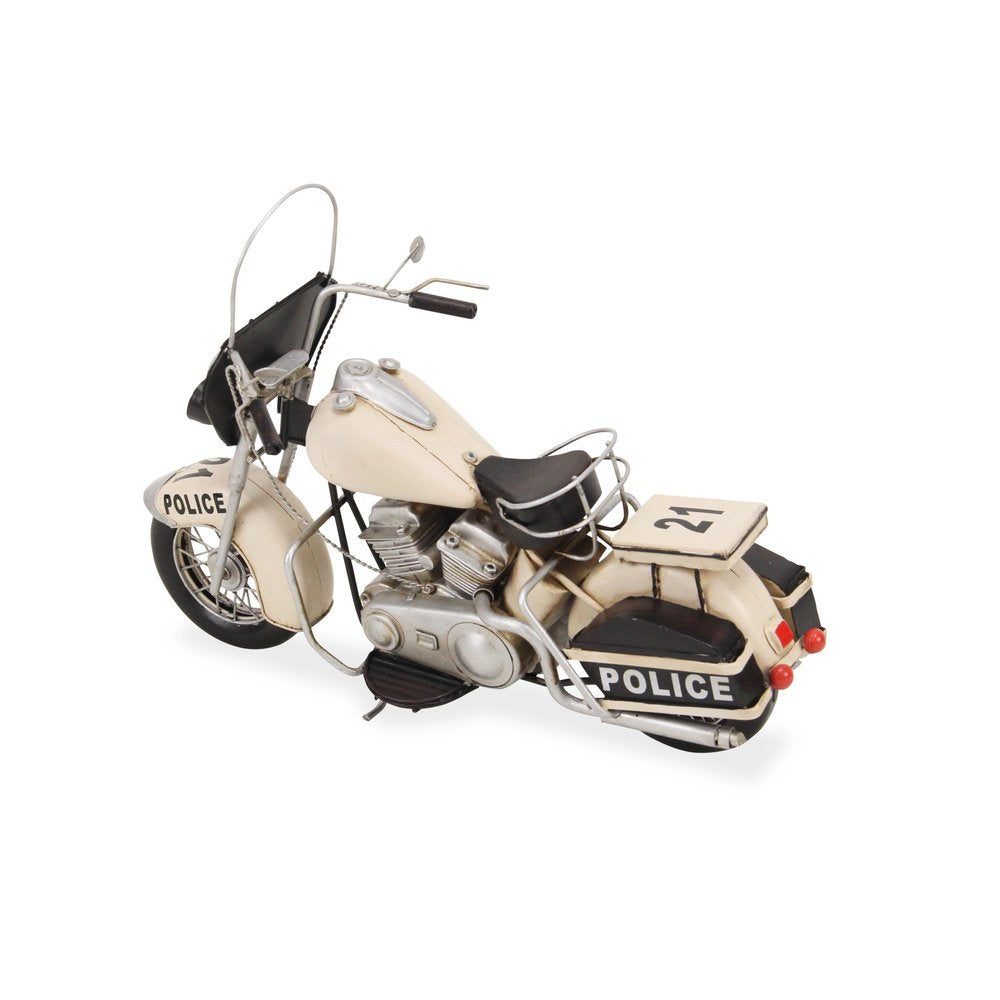 10" Cream Metal Hand Painted Motorcycle Model Motorcycle. Home product isolated on a plain white background, in a cream metal finish.
