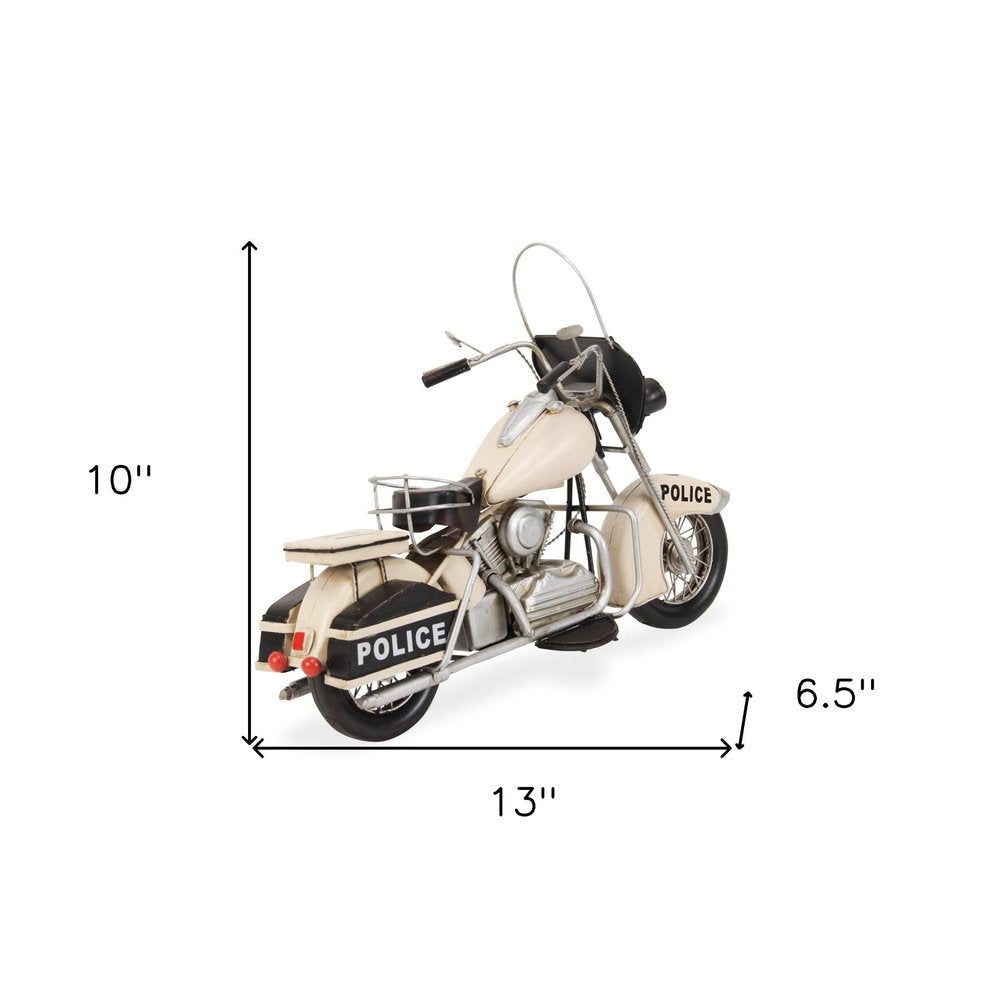 10" Cream Metal Hand Painted Motorcycle Model Motorcycle. Home product isolated on a plain white background, showing a metal surface.