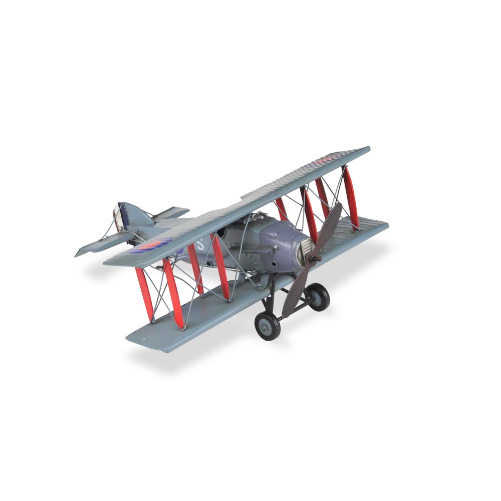 5" Red and Gray Metal Hand Painted 1916 Gray Bristol F28 Fighter Plane Model Airplane. Sculpture isolated on a plain white background, in a gray metal finish.
