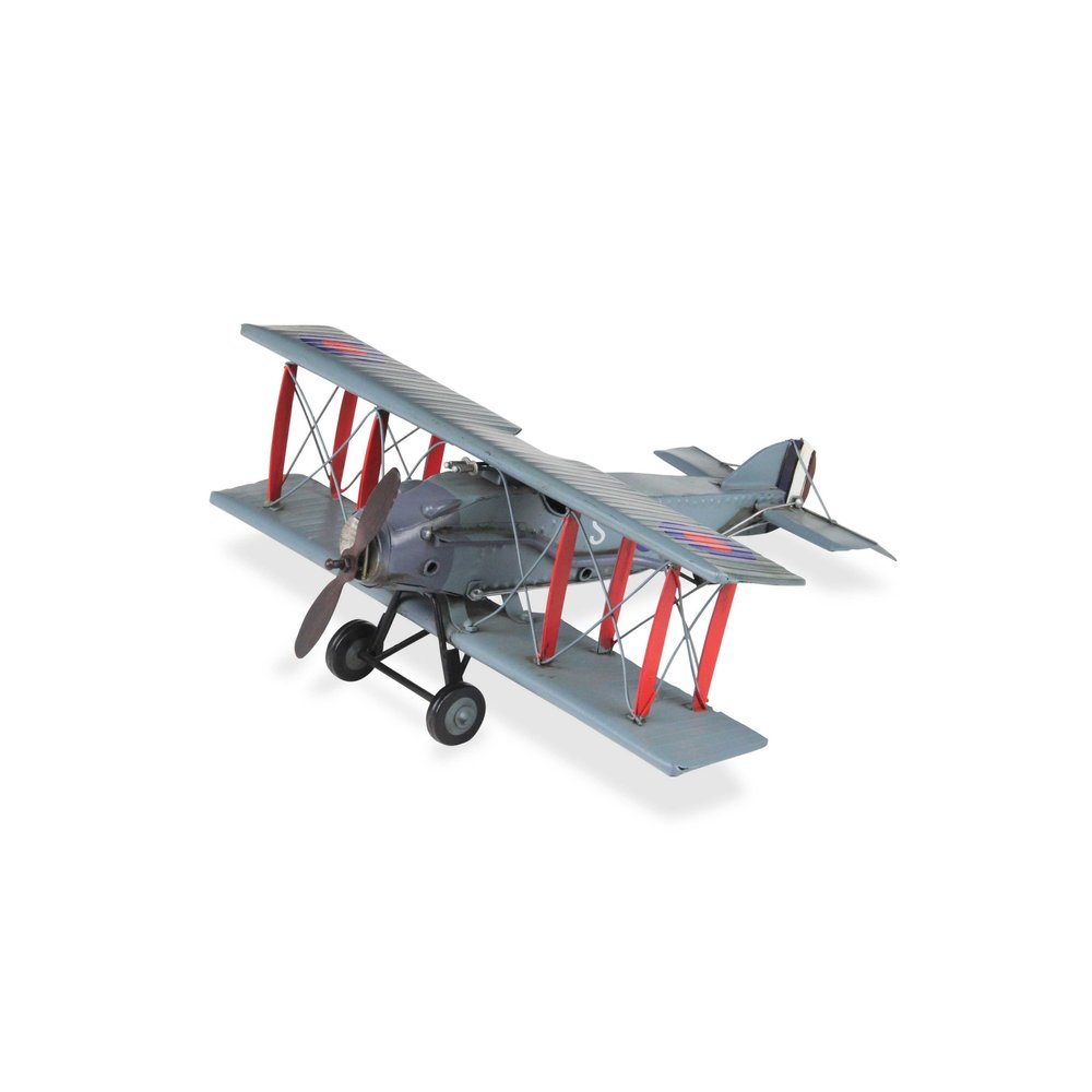 5" Red and Gray Metal Hand Painted 1916 Gray Bristol F28 Fighter Plane Model Airplane. Sculpture isolated on a plain white background, finished in gray metal.