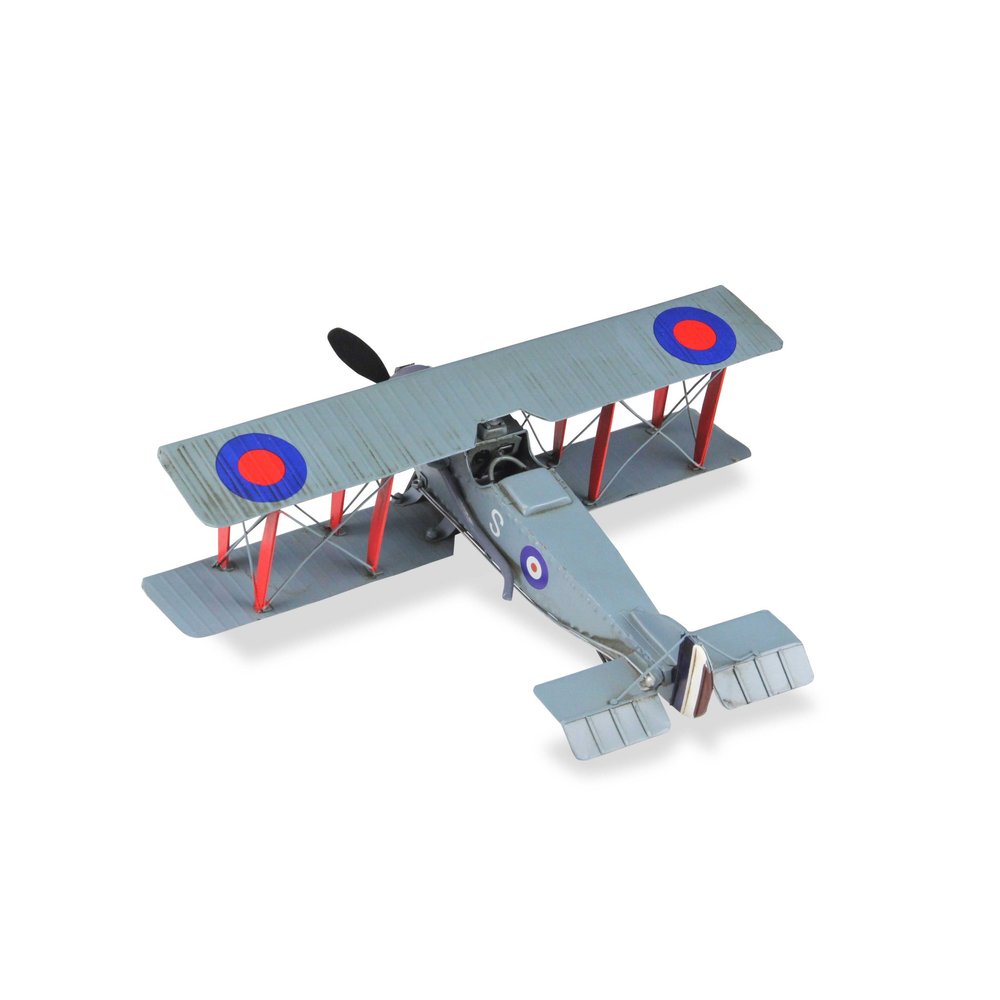 5" Red and Gray Metal Hand Painted 1916 Gray Bristol F28 Fighter Plane Model Airplane. Sculpture isolated on a plain white background, showing a metal surface.