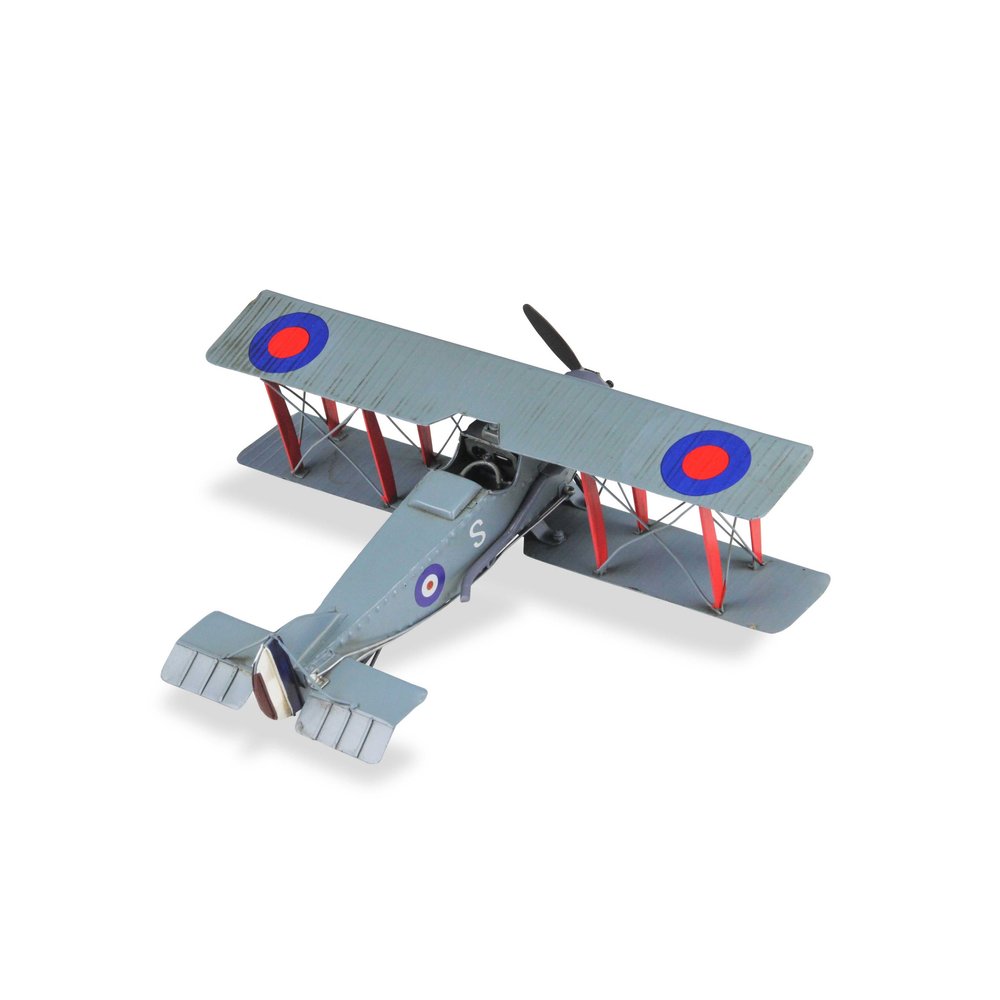 5" Red and Gray Metal Hand Painted 1916 Gray Bristol F28 Fighter Plane Model Airplane. Sculpture isolated on a plain white background, showing a metal surface.