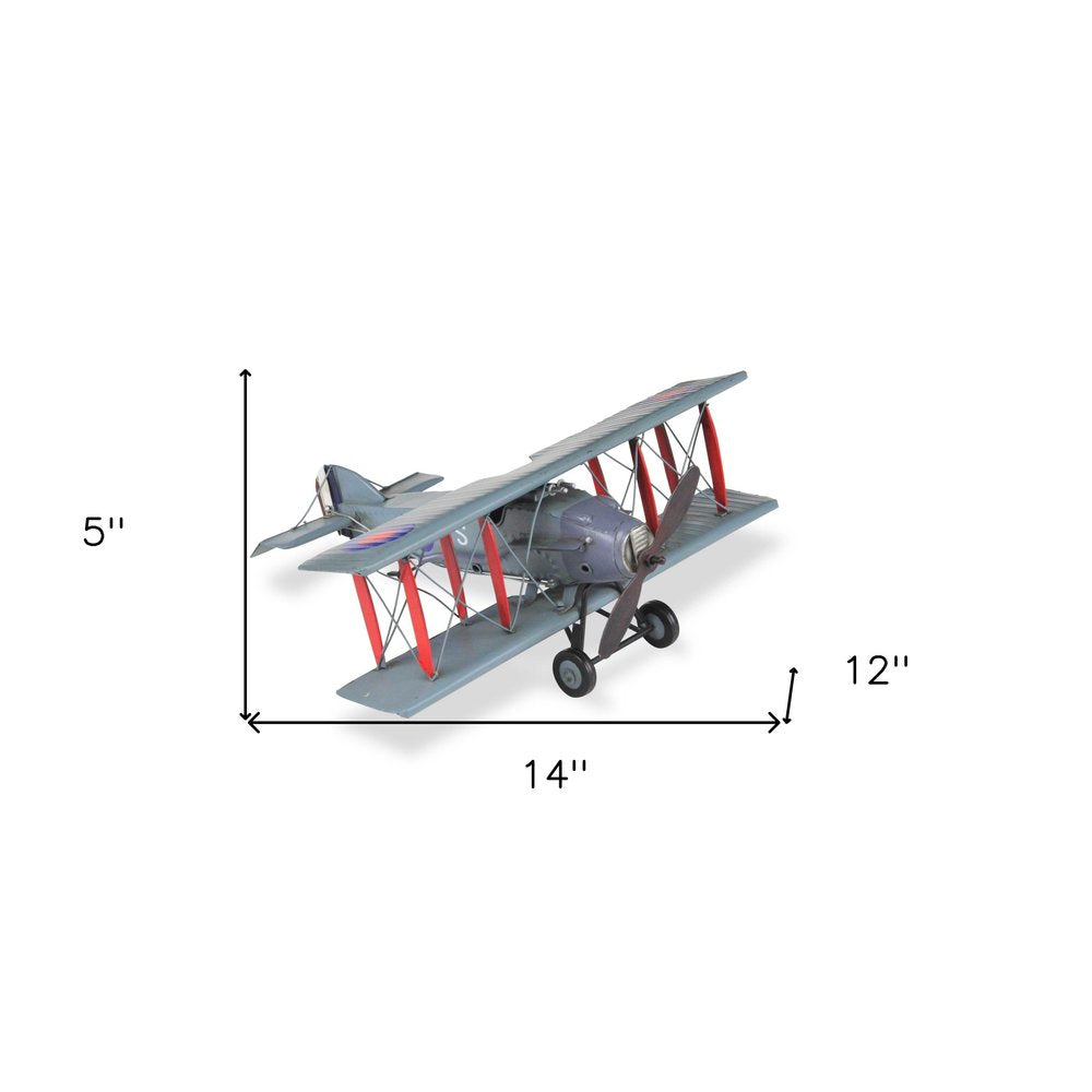 5" Red and Gray Metal Hand Painted 1916 Gray Bristol F28 Fighter Plane Model Airplane. Sculpture isolated on a plain white background, showing a gray metal surface.