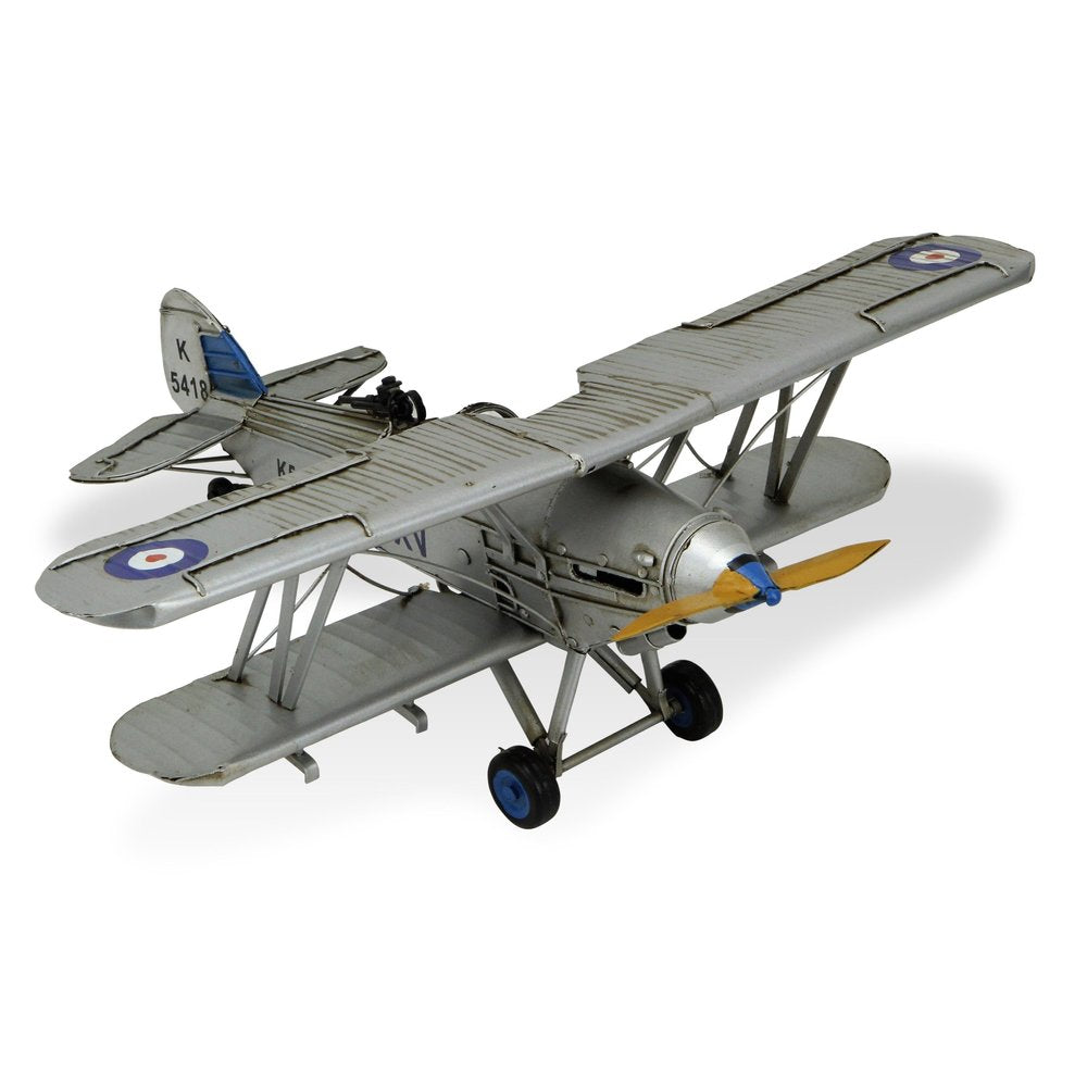 5" Blue and Gray Metal Hand Painted Model Airplane Tabletop Sculpture. Sculpture isolated on a plain white background, showing a gray metal surface.