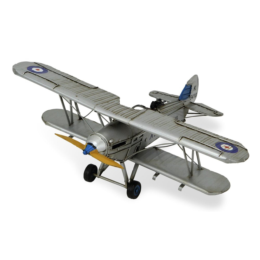 5" Blue and Gray Metal Hand Painted Model Airplane Tabletop Sculpture. Sculpture isolated on a plain white background, in a gray metal finish.