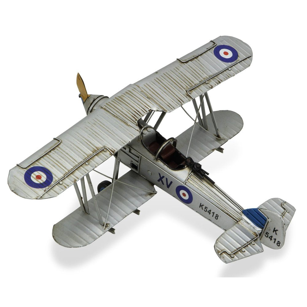5" Blue and Gray Metal Hand Painted Model Airplane Tabletop Sculpture. Sculpture isolated on a plain white background, finished in gray metal.