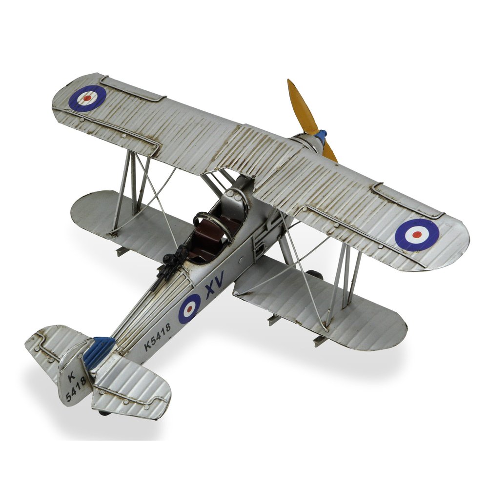 5" Blue and Gray Metal Hand Painted Model Airplane Tabletop Sculpture. Sculpture isolated on a plain white background, in a gray metal finish.