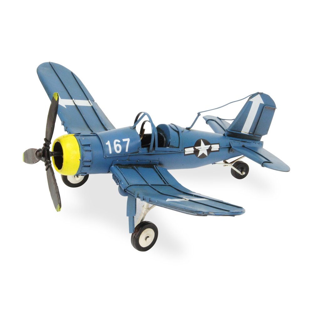 5" Blue and Yellow Metal Hand Painted Model Airplane Tabletop Sculpture