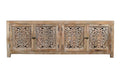 86" Natural Carved Floral Distressed Solid Wood Enclosed Storage TV Stand on a white background