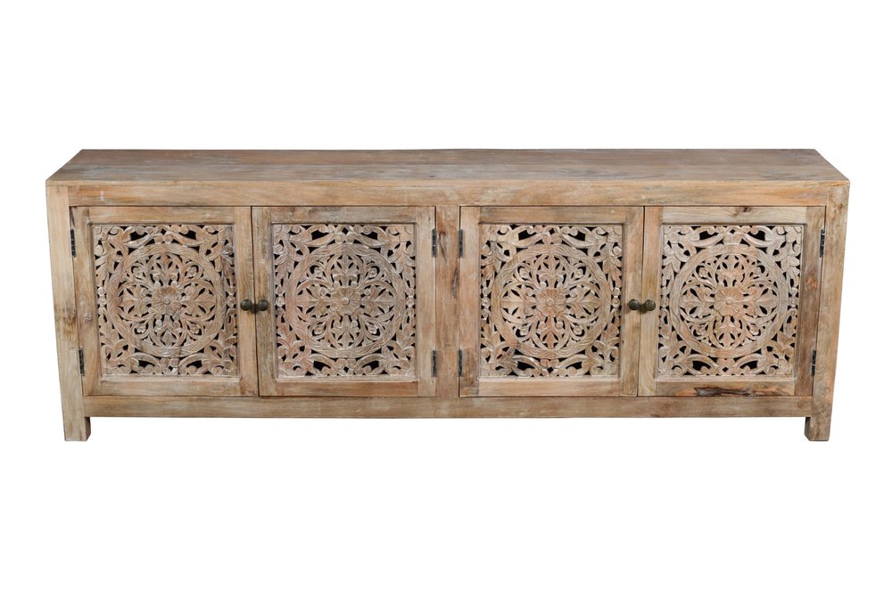 86" Natural Carved Floral Distressed Solid Wood Enclosed Storage TV Stand on a white background