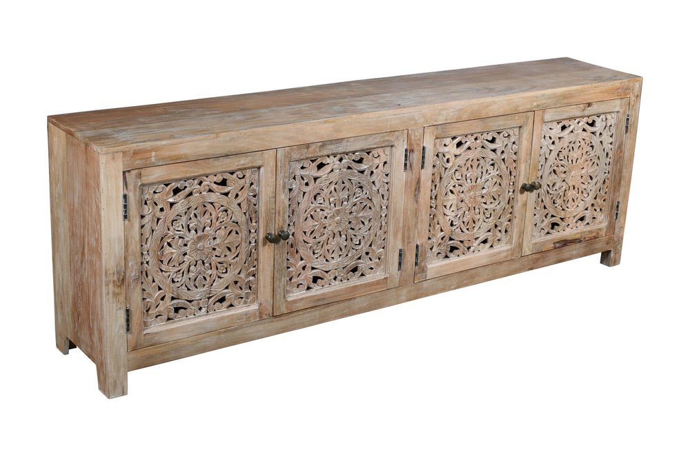 86" Natural Carved Floral Distressed Solid Wood Enclosed Storage TV Stand on a white background