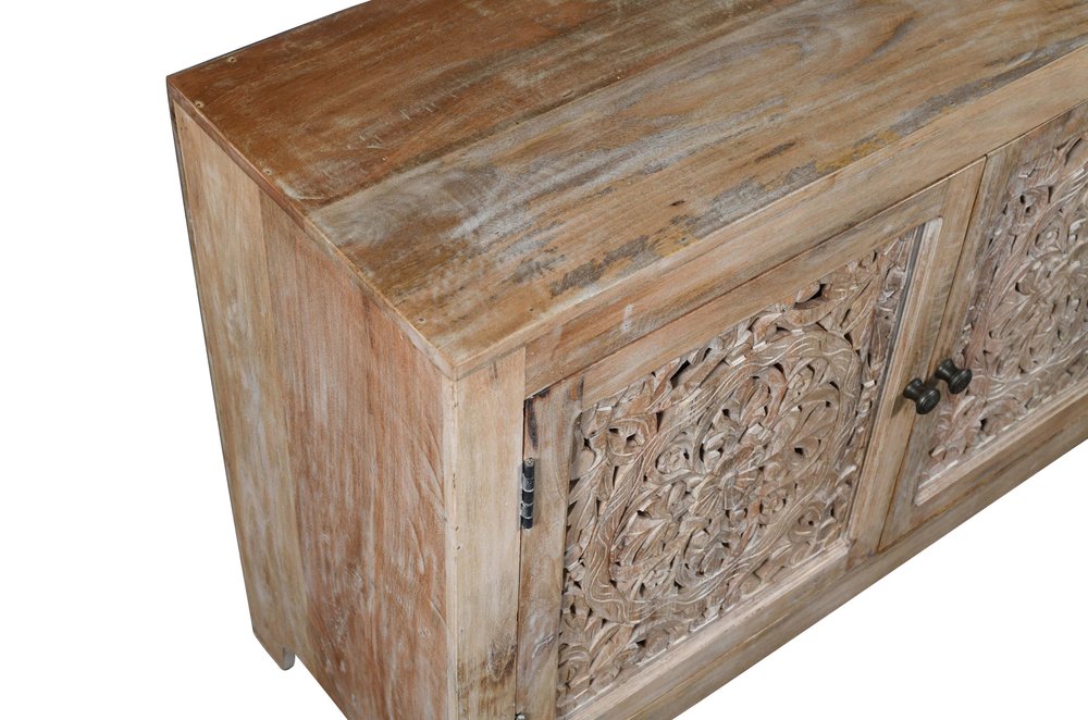 86" Natural Carved Floral Distressed Solid Wood Enclosed Storage TV Stand on a white background