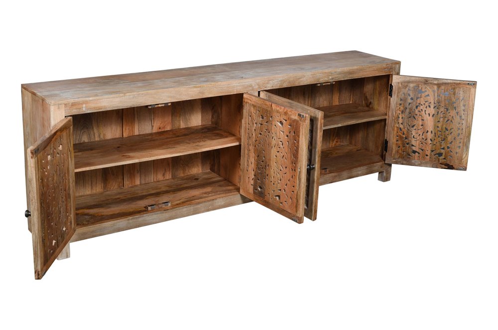 86" Natural Carved Floral Distressed Solid Wood Enclosed Storage TV Stand on a white background