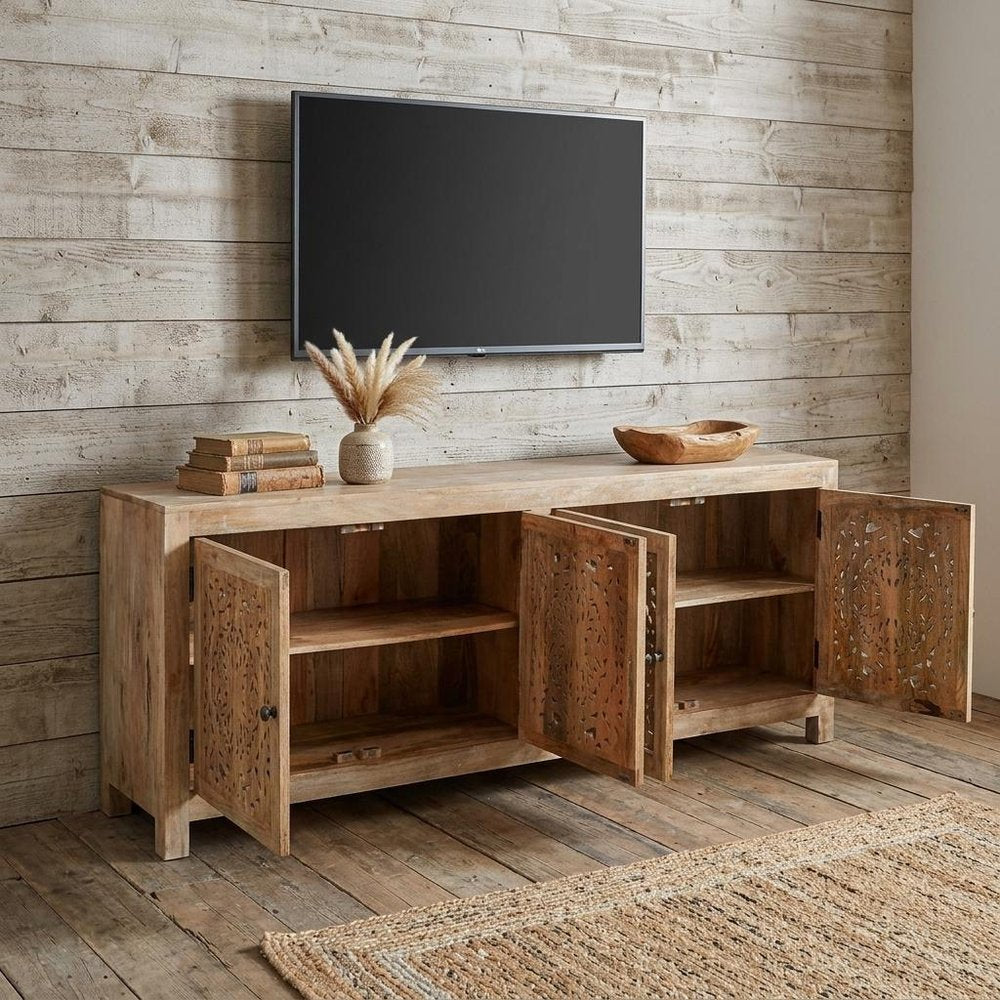 86" Natural Carved Floral Distressed Solid Wood Enclosed Storage TV Stand in a home interior
