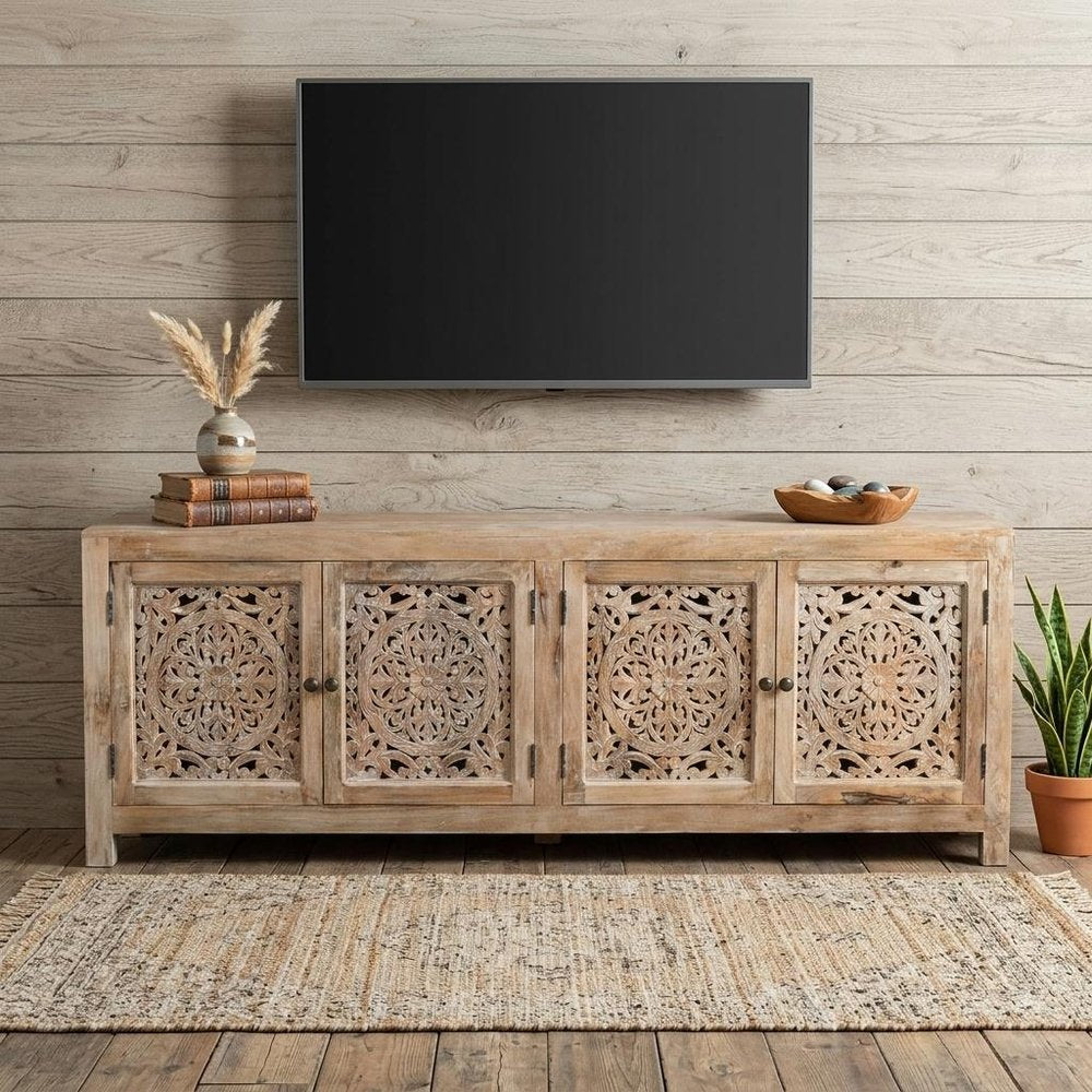 86" Natural Carved Floral Distressed Solid Wood Enclosed Storage TV Stand in a home interior