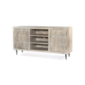 60" Ivory Carved Geometric Distressed Solid Wood Enclosed and Open Storage TV Stand. TV stand isolated on a plain white background, in a ivory wood finish.