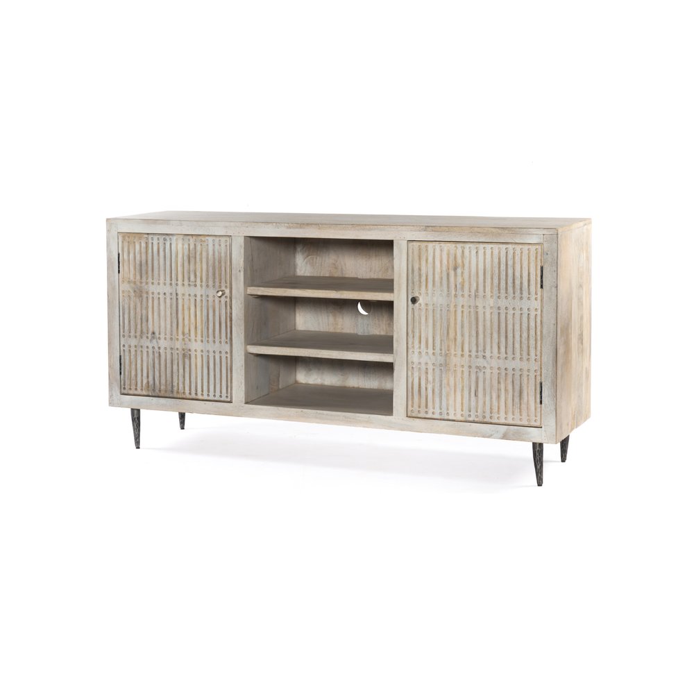 60" Ivory Carved Geometric Distressed Solid Wood Enclosed and Open Storage TV Stand. TV stand isolated on a plain white background, in a ivory wood finish.