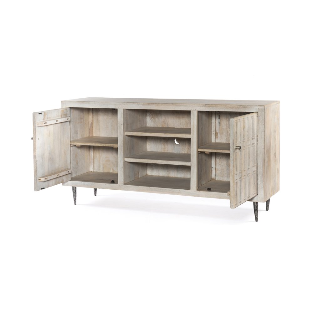 60" Ivory Carved Geometric Distressed Solid Wood Enclosed and Open Storage TV Stand. TV stand isolated on a plain white background, showing a ivory wood surface.
