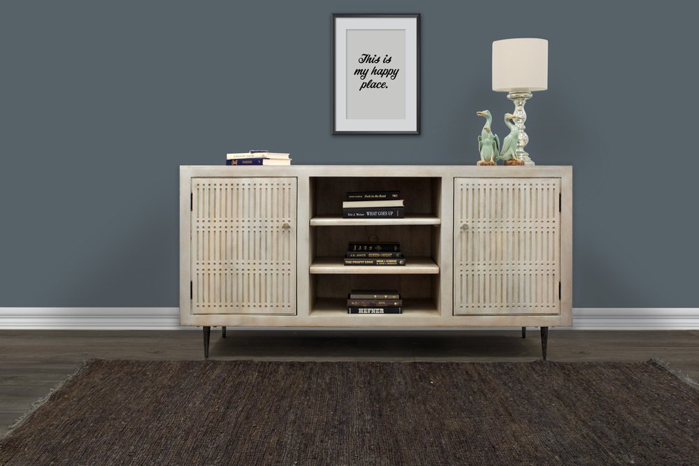 60" Ivory Carved Geometric Distressed Solid Wood Enclosed and Open Storage TV Stand.