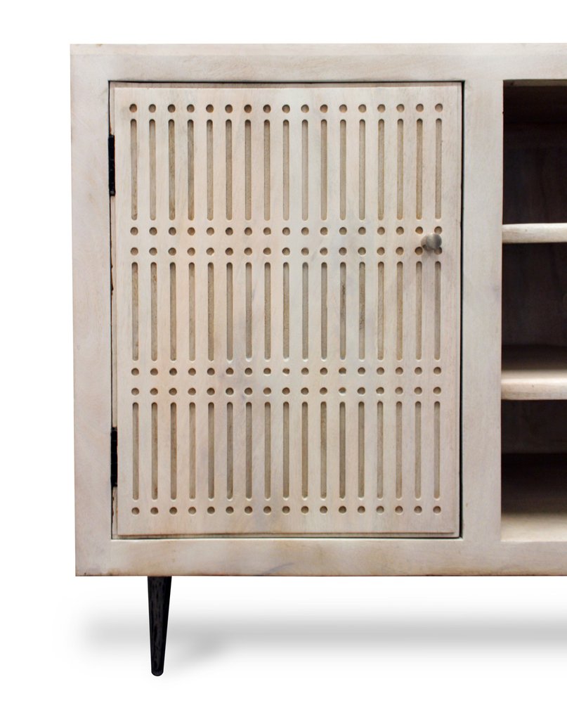 60" Ivory Carved Geometric Distressed Solid Wood Enclosed and Open Storage TV Stand. TV stand isolated on a plain white background, finished in ivory wood.