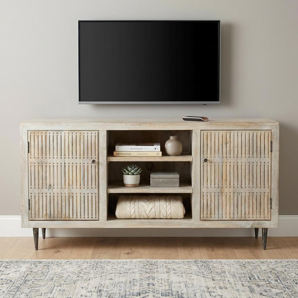 60" Ivory Carved Geometric Distressed Solid Wood Enclosed and Open Storage TV Stand